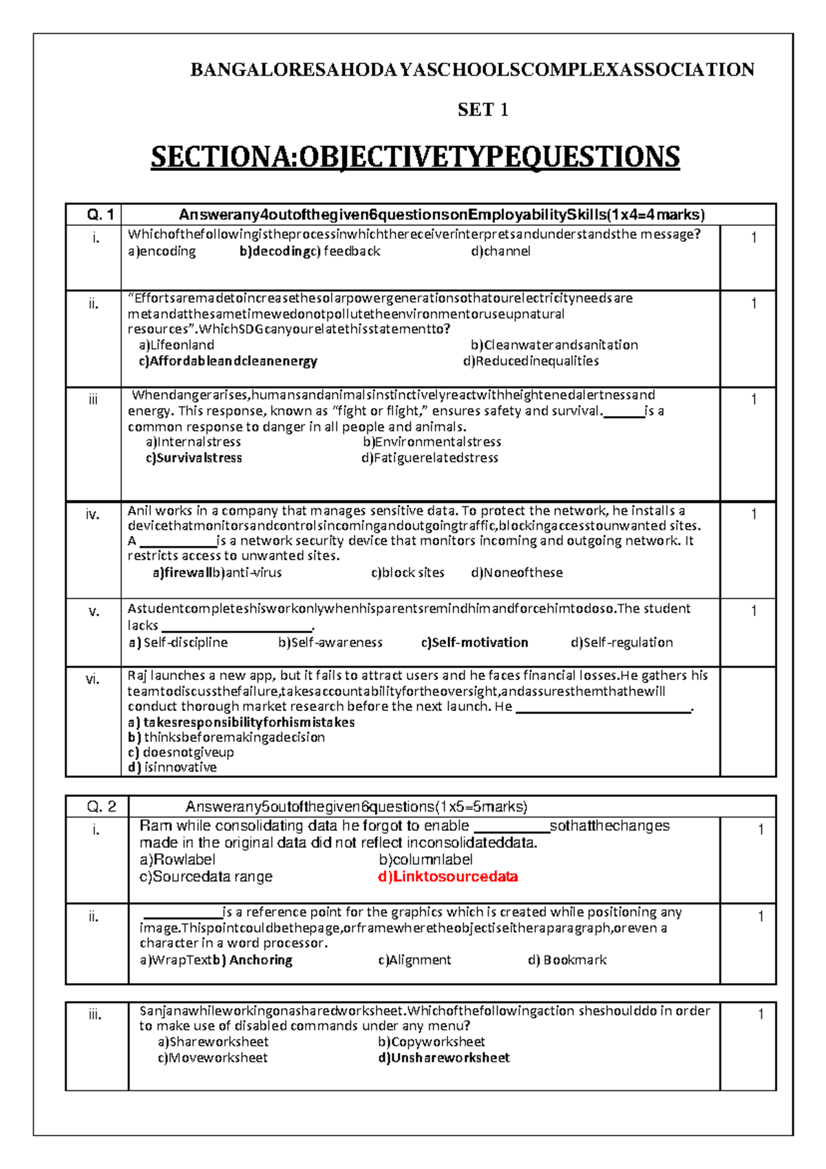 Bangalore Sahodaya School Complex Association SET 1 Objective Type ...