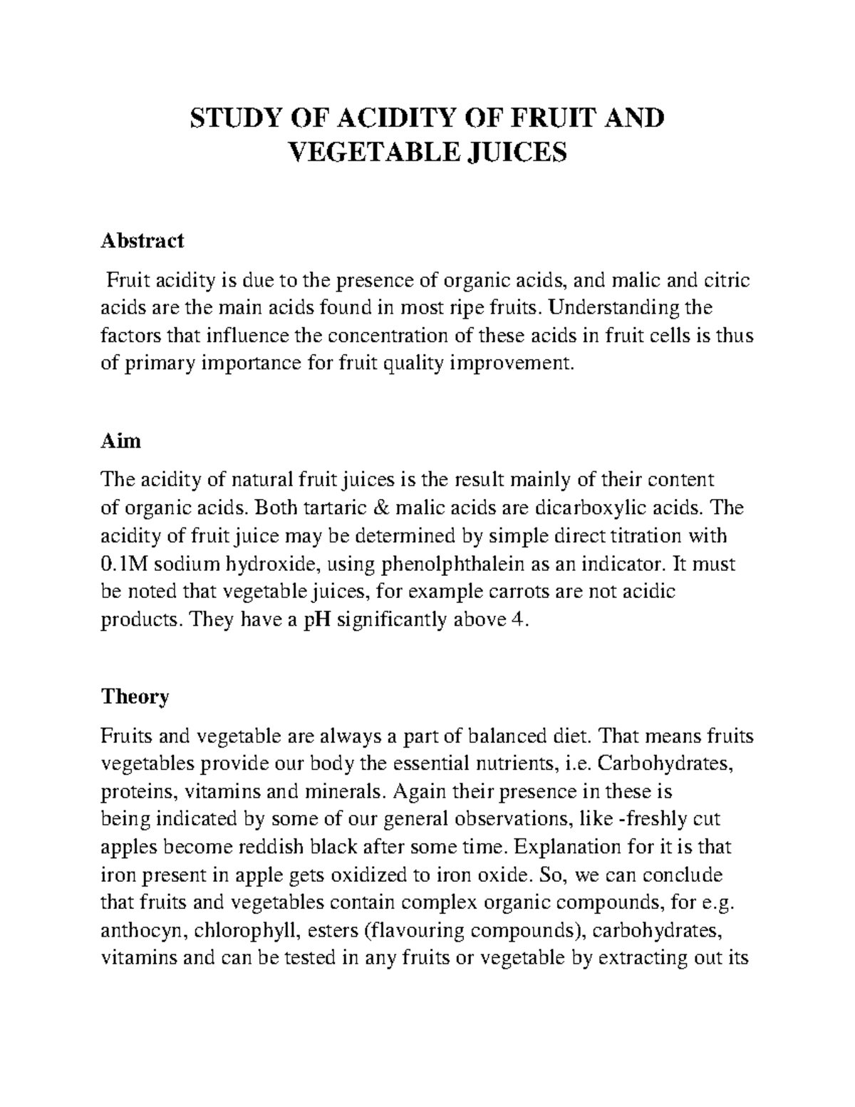 Study of Acidity in Fruit & Vegetable Juices: Analysis & Results - Studocu