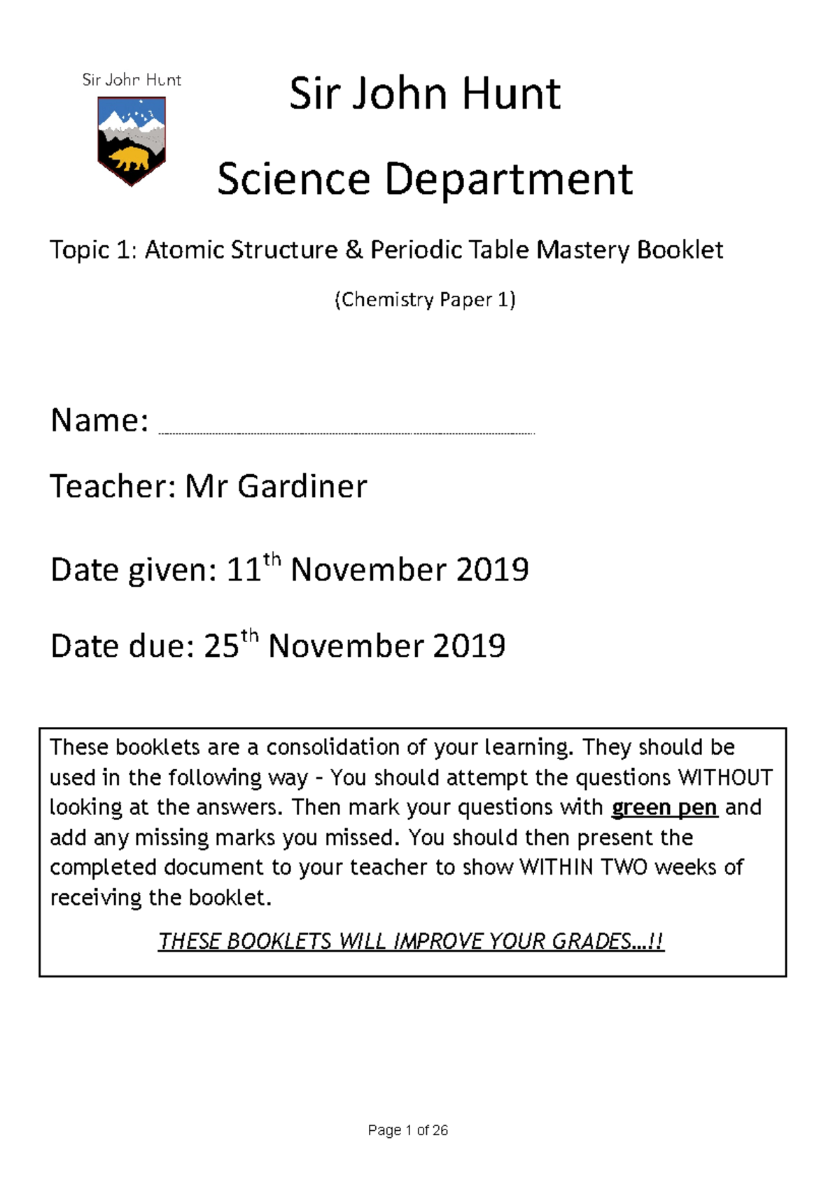 Chemistry Paper 1: Mastery Booklet on Atomic Structure & Periodic Table ...