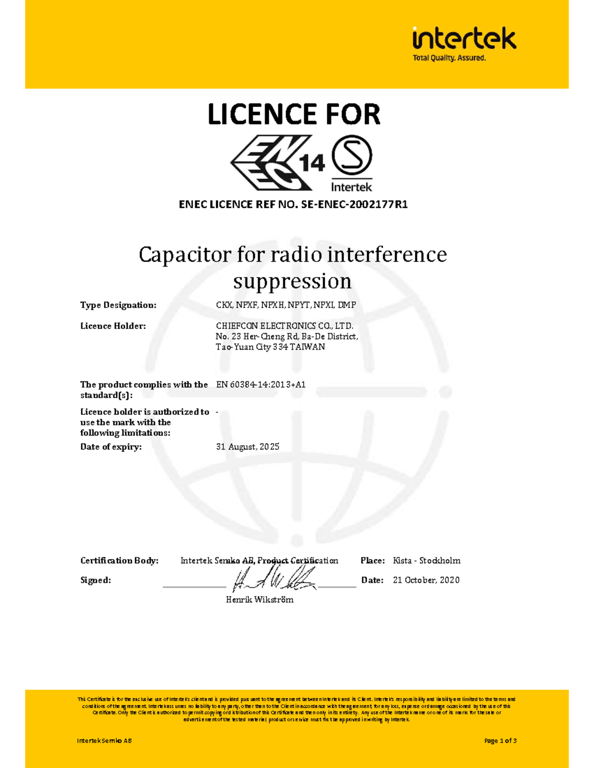 Intertek Cert - Notes - ####### This Certificate is for the exclusive ...