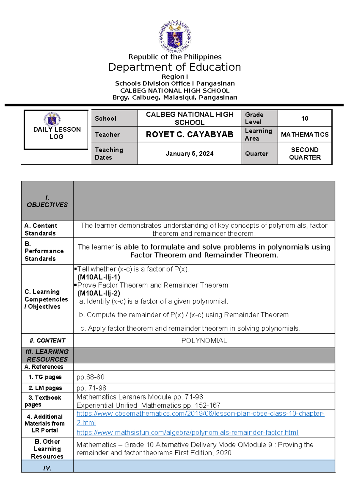 Daily Lesson Plan for Grade 10 Mathematics: Polynomials & Theorems ...