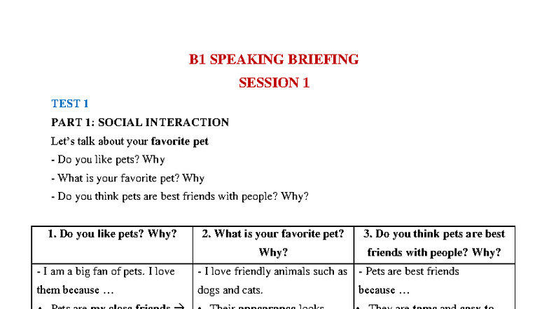 B1 Speaking Tests 12.2022: Session 1 Overview and Discussion - Studocu
