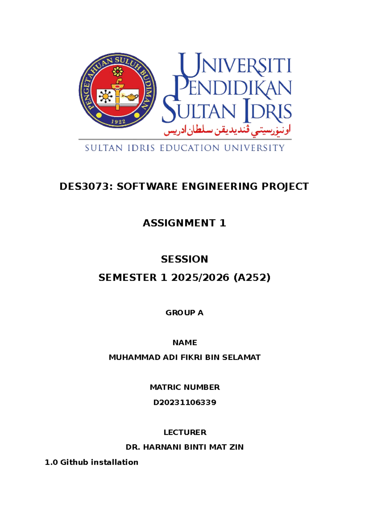 DES3073: Software Engineering Project Assignment 1 Overview - Studocu