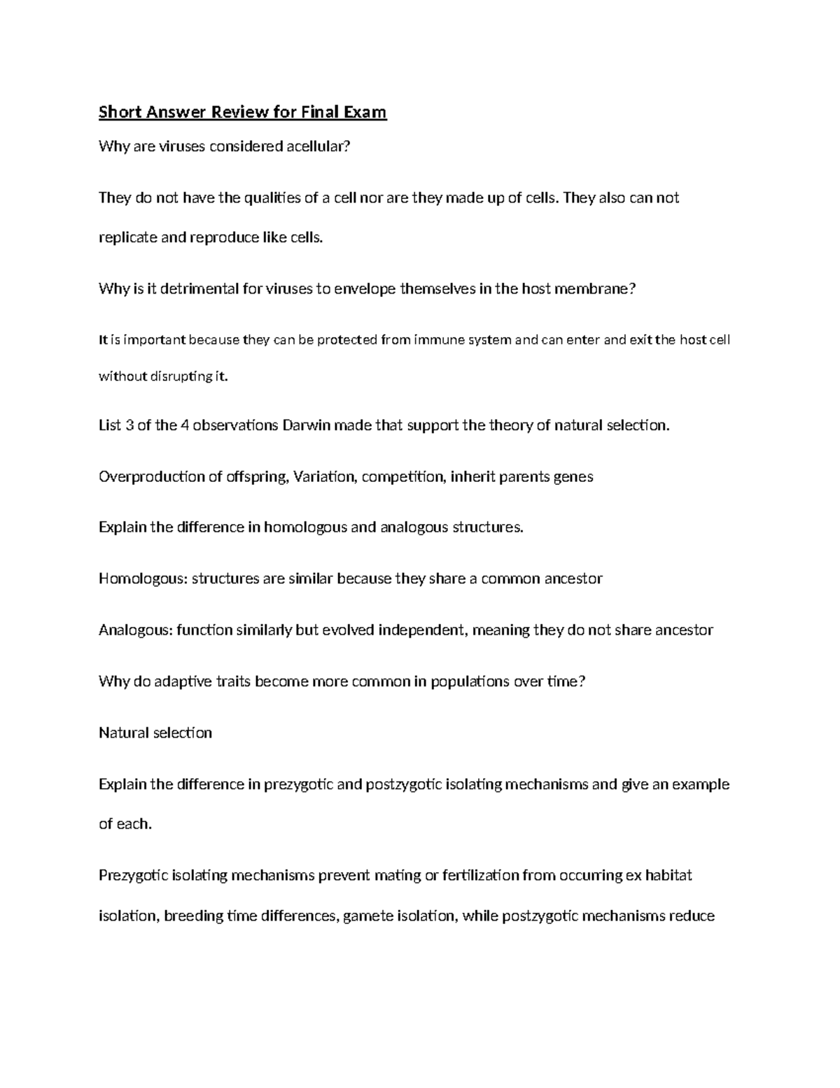 Bio 103 Short Answer Review for Final Exam Preparation - Studocu
