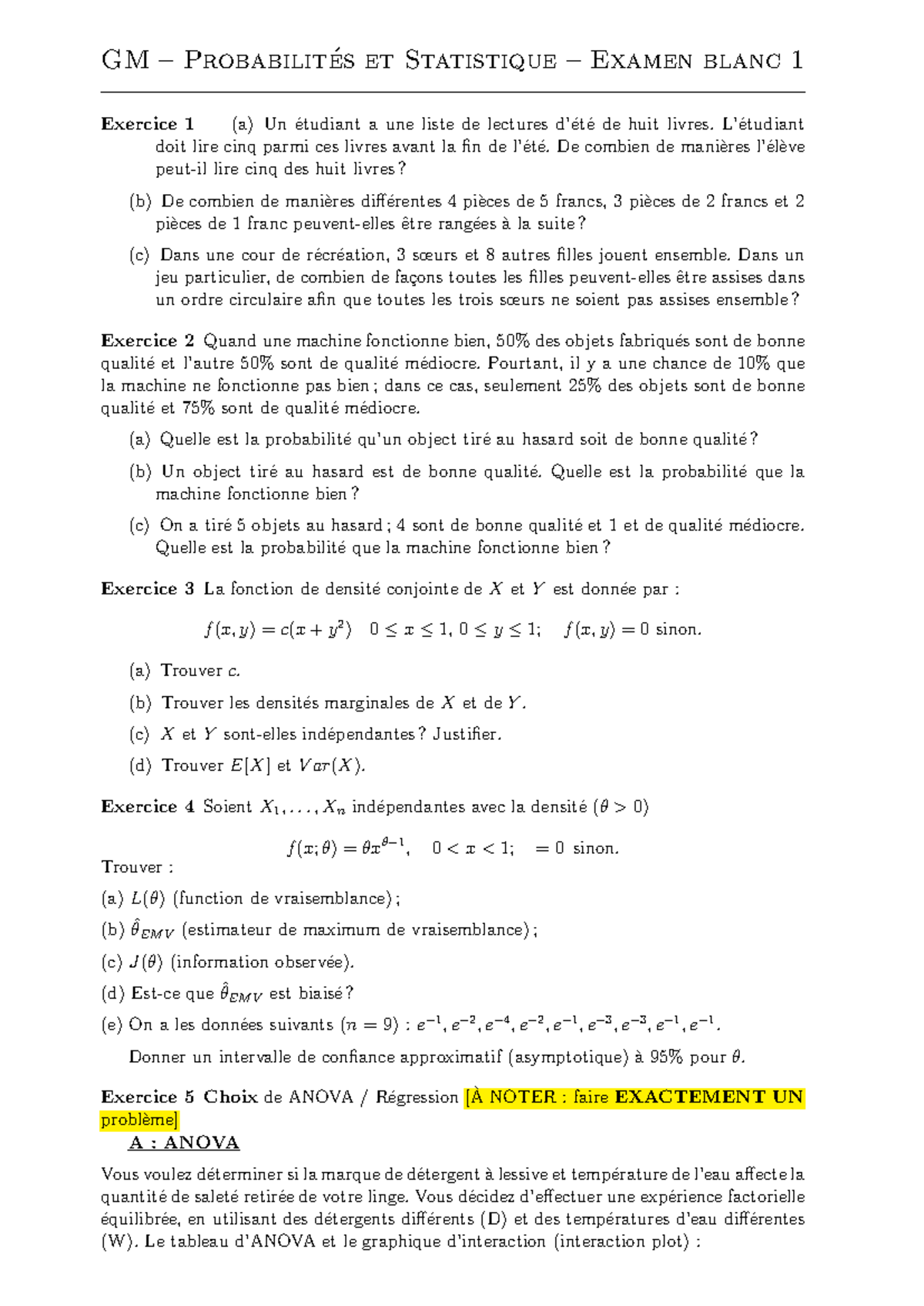 EB1 - Statistique Examen Blanc 1: Exercices et Solutions - Studocu