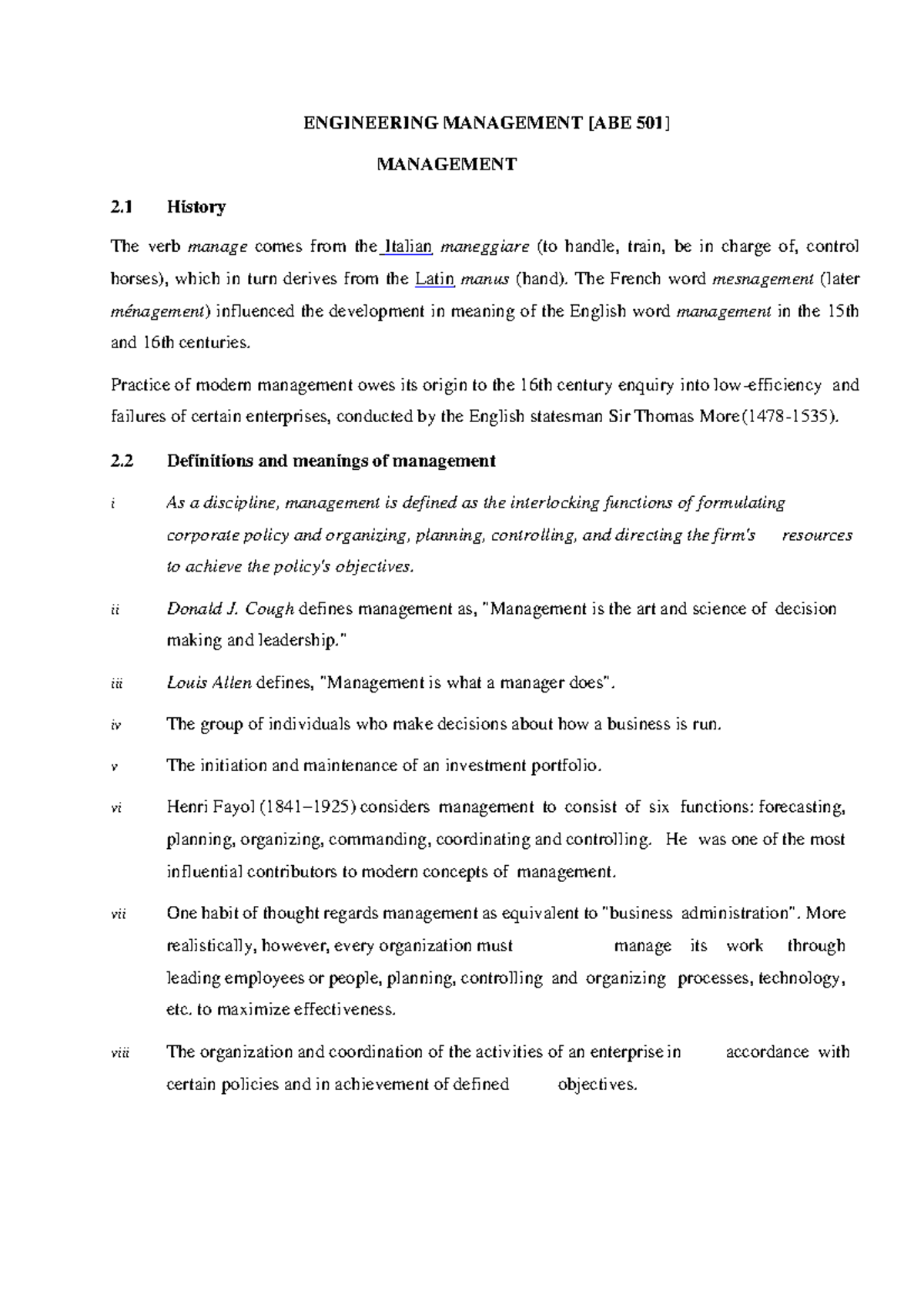 ABE 501 Engineering Management: Comprehensive Lecture Notes - Studocu