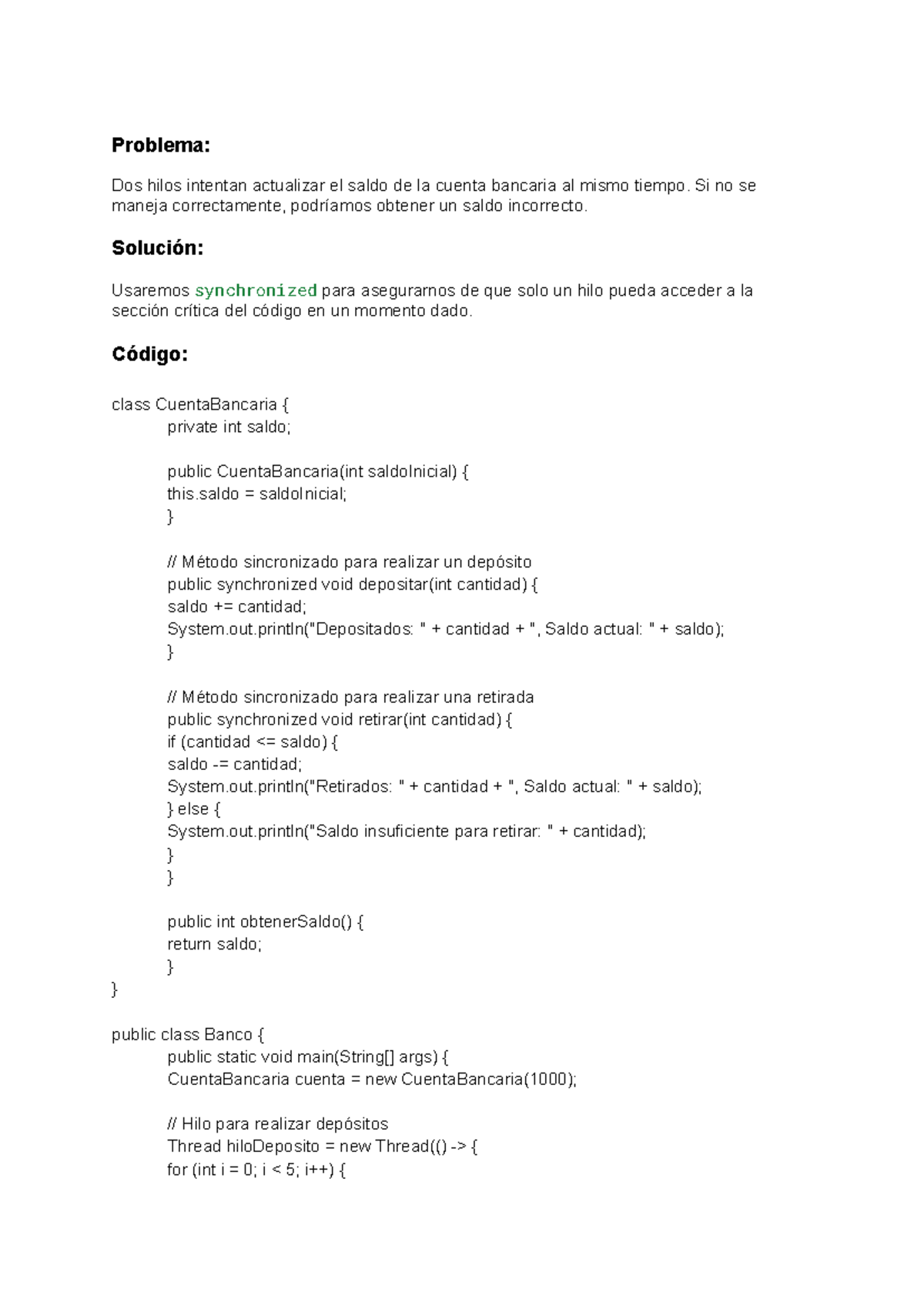 Problema de concurrencia en Java: manejo de hilos y saldo bancario ...