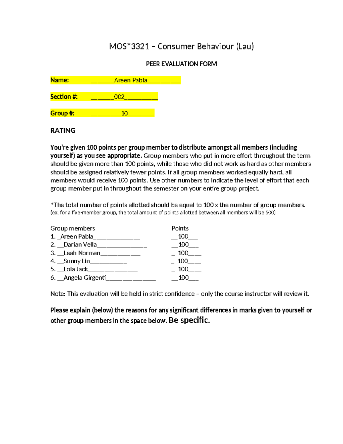 MOS3321 Peer Evaluation Form for Group Project Assignments - Studocu
