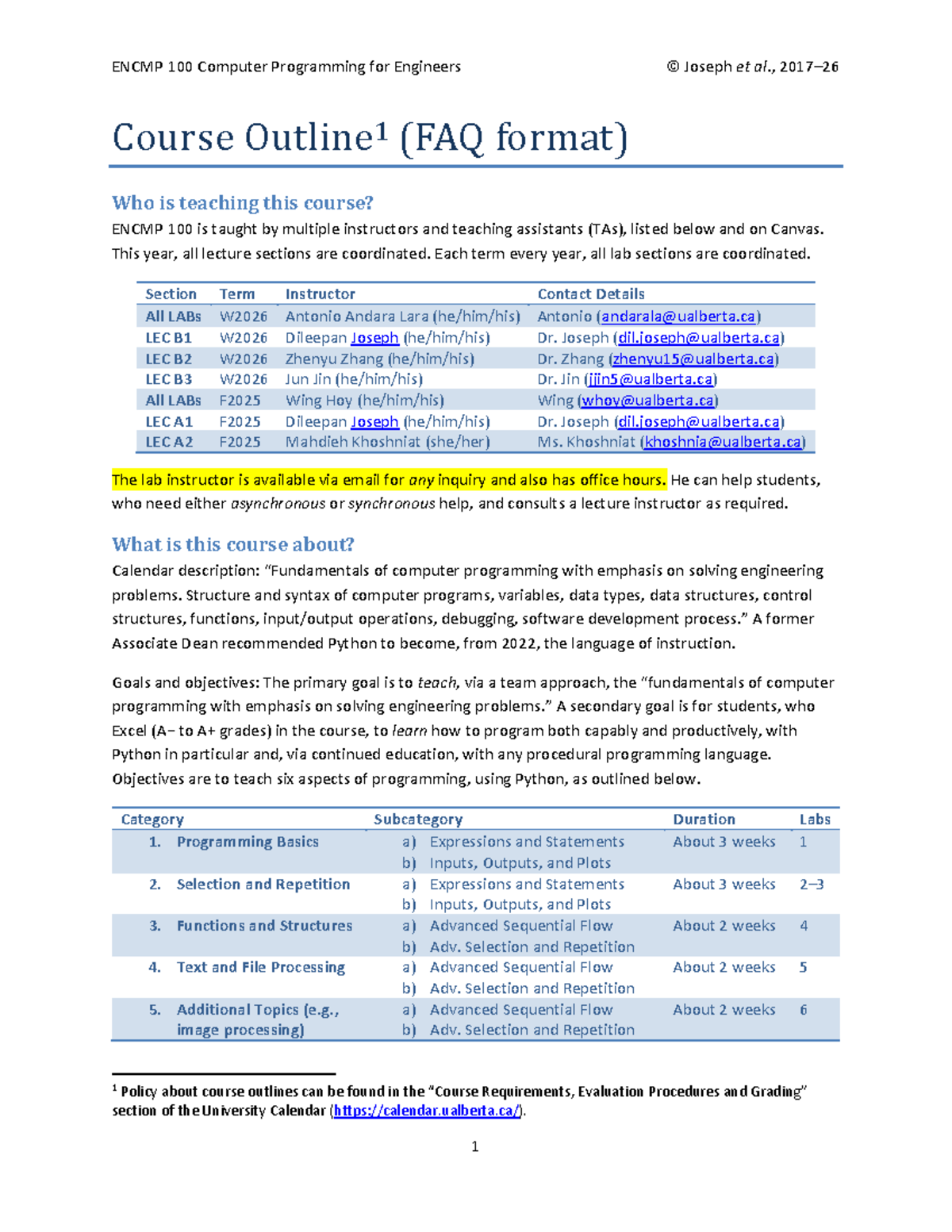 ENCMP 100 Course Outline: Computer Programming for Engineers - Studocu