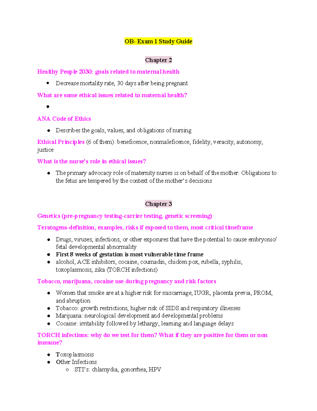 OB- Exam 1 Comprehensive Study Guide: Key Maternal Health Topics - Studocu