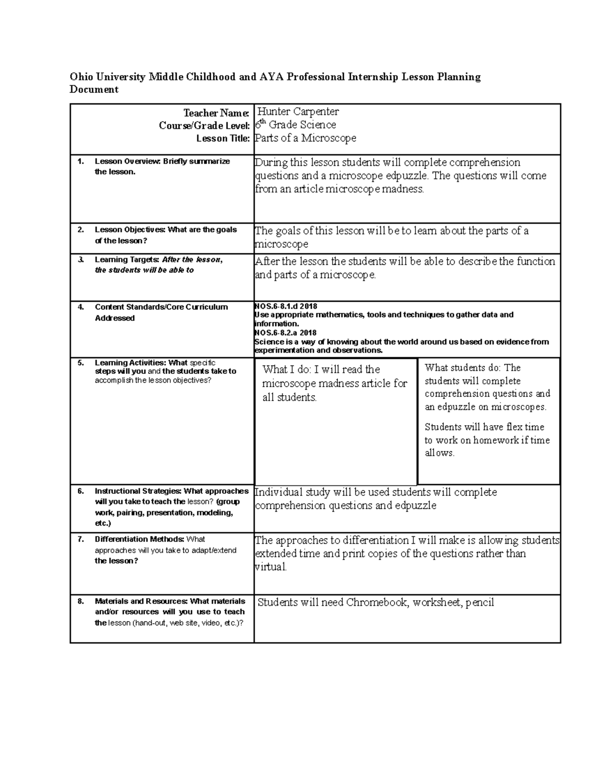Ohio University 6th Grade Science Lesson Plan: Parts of a Microscope ...