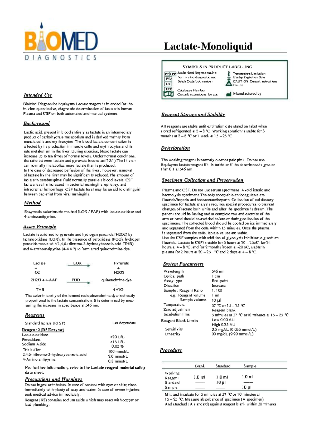 Lactate Test Procedure and Guidelines - BioMed Diagnostics - Studocu