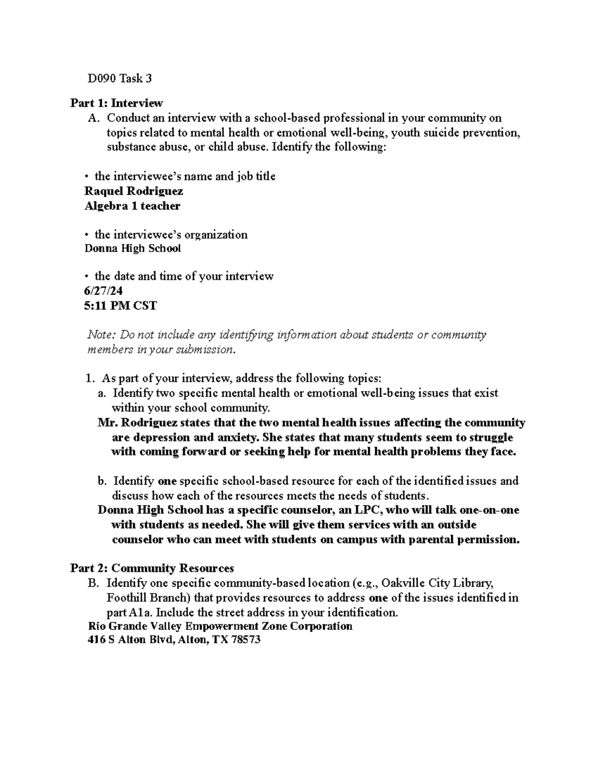 D090 Task 3 - passed 1st try - D090 Task 3 Part 1: Interview A. Conduct ...