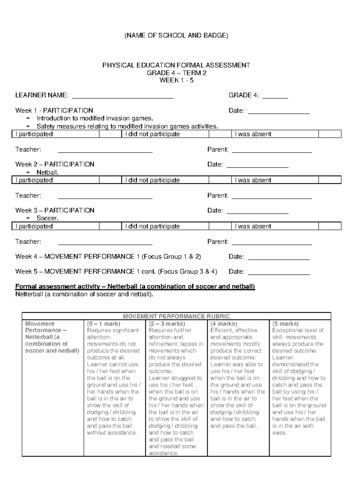 PE Formal Assessment Grade 4 Term 2: Week 1 Participation & Performance ...