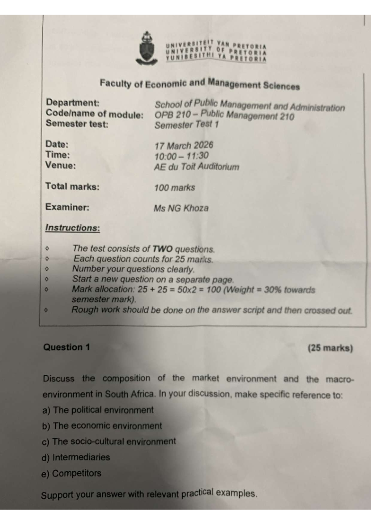 OPB 210 Public Management Semester Test 1 Guide - Studocu