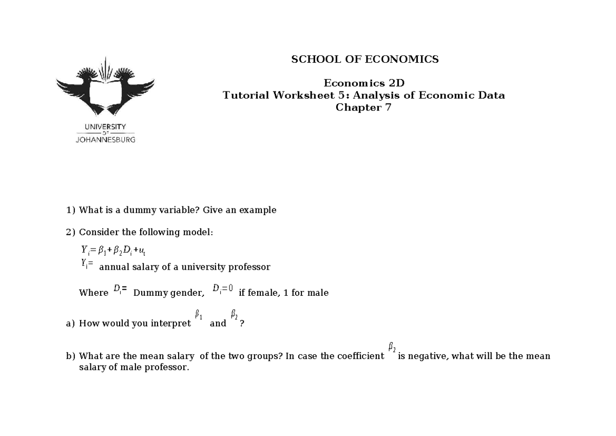 Economics 2D Tutorial Worksheet 5: Analysis of Economic Data - Studocu