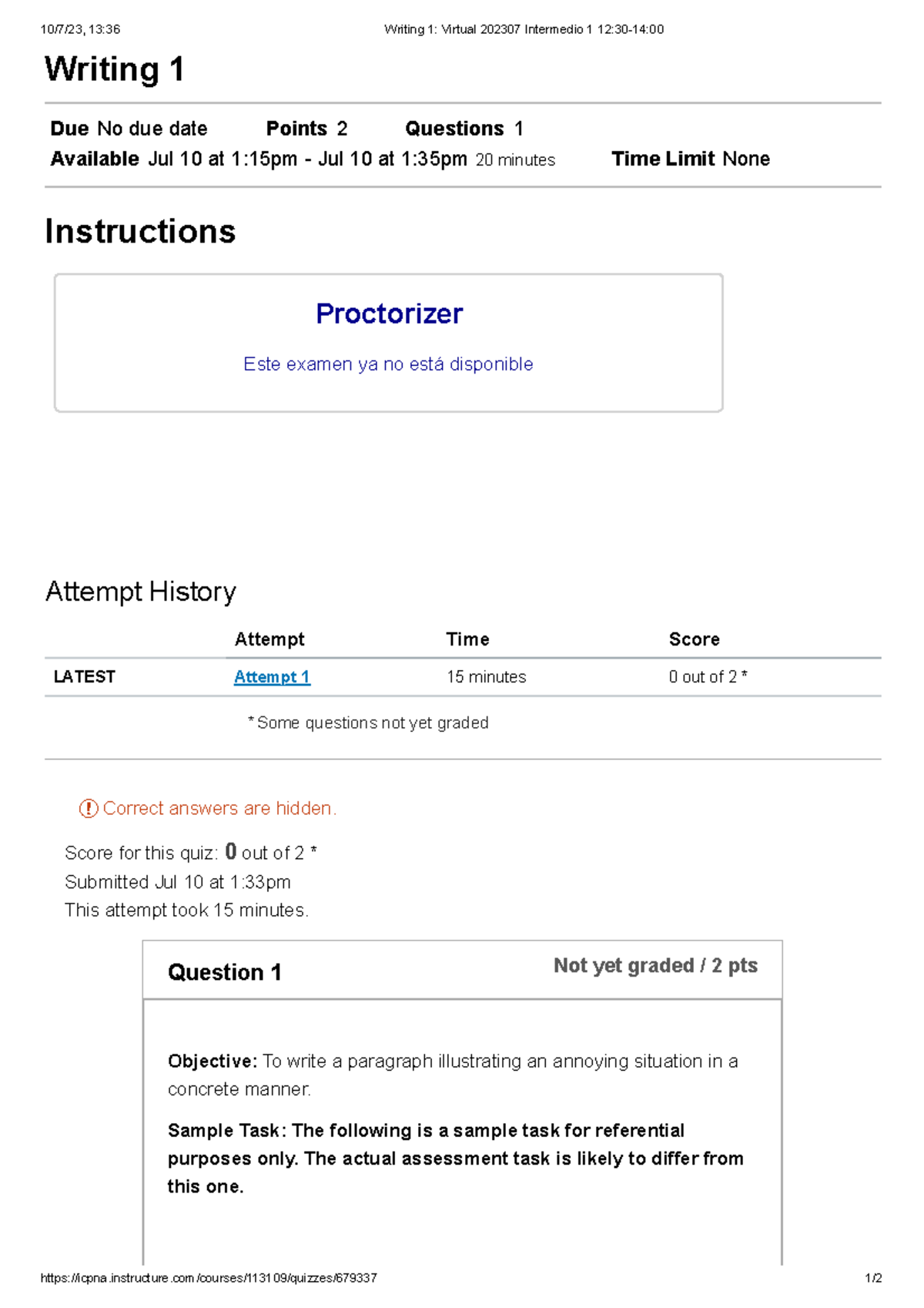 Writing 1: Virtual Quiz Details and Assessment 202307 - Studocu