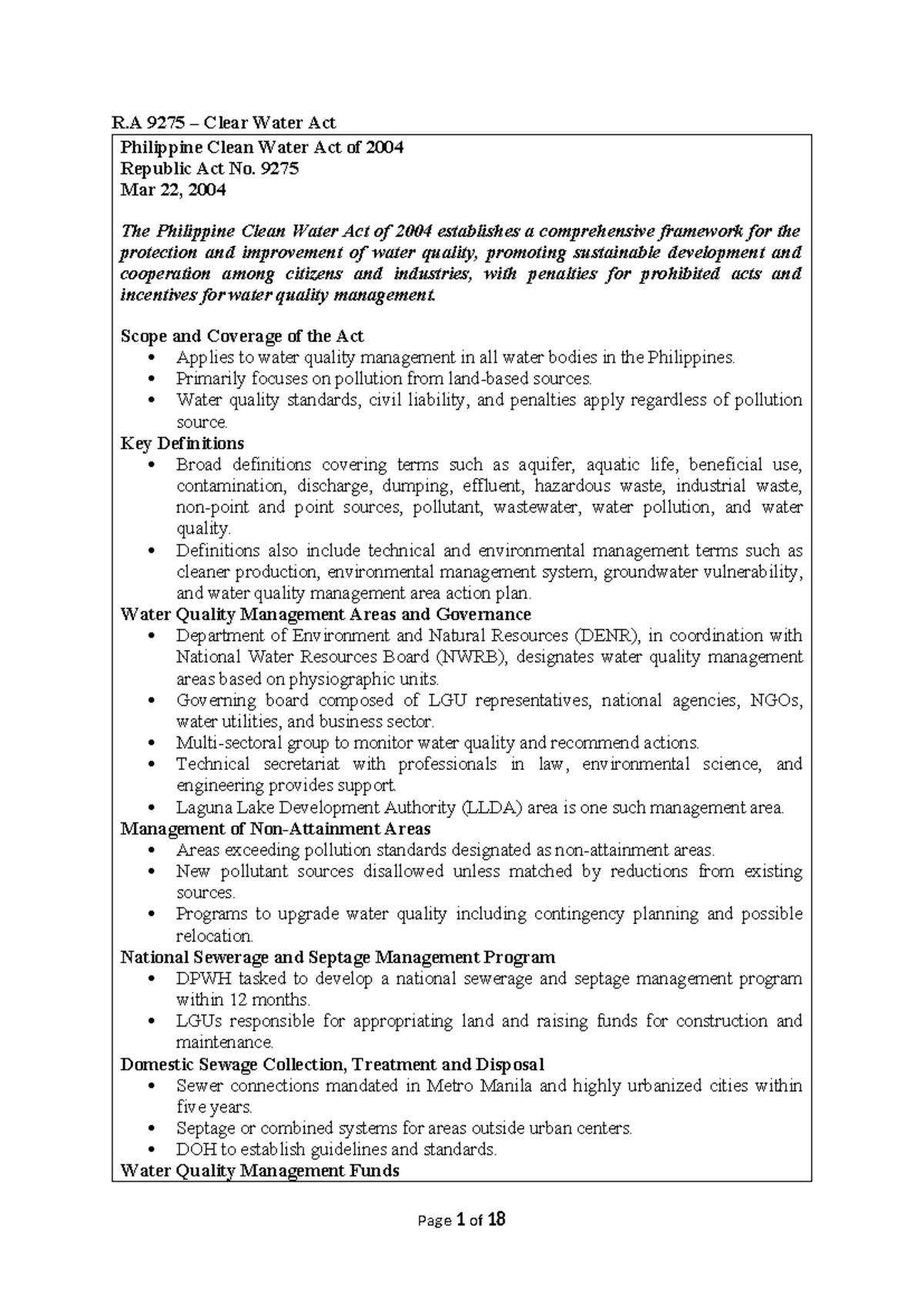 R.A. 9275: Philippine Clean Water Act Overview and Key Provisions - Studocu