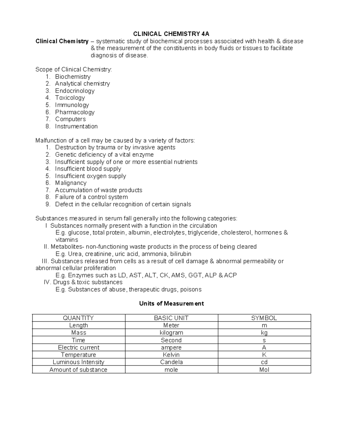 Clinical Chemistry 4A: MedTech Lecture Notes and Key Concepts - Studocu