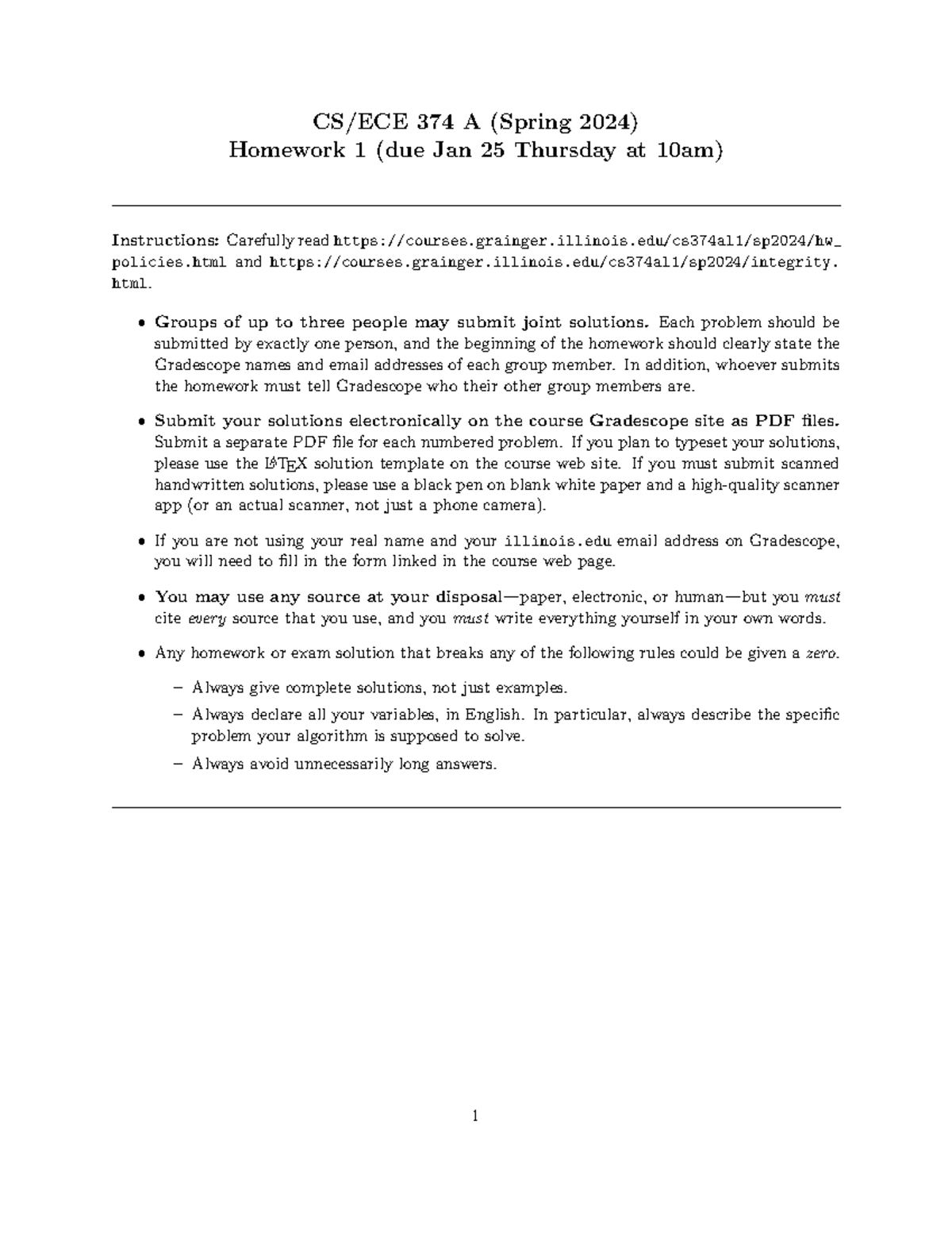 CS374 - Homework 1 Instructions & Problems (Due Jan 25, 2024) - Studocu