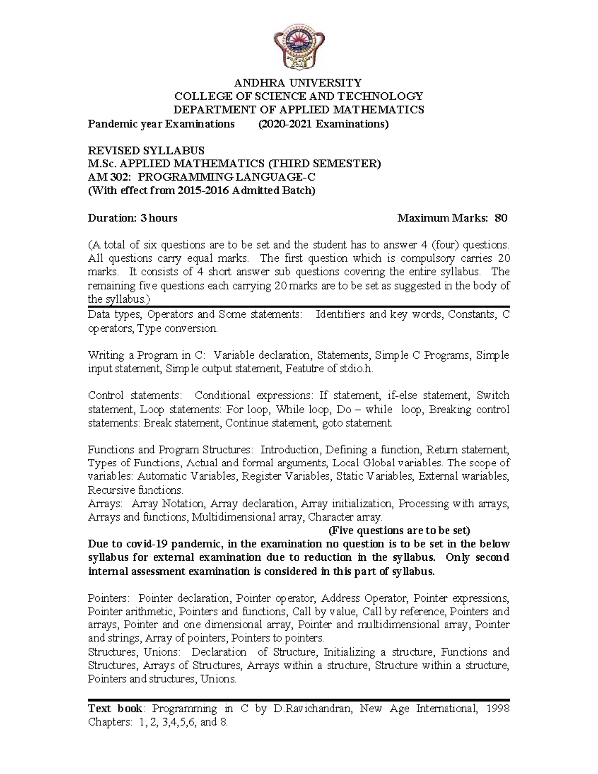 M.Sc. AM 302: Programming in C - Revised Syllabus Exam Guide - Studocu
