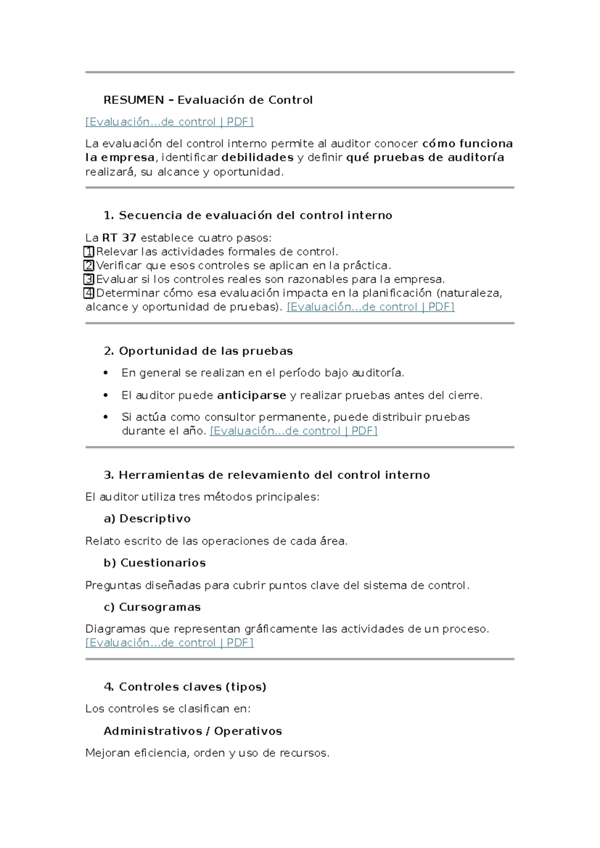 Resumen de Evaluación de Control Interno - Auditoría - Studocu