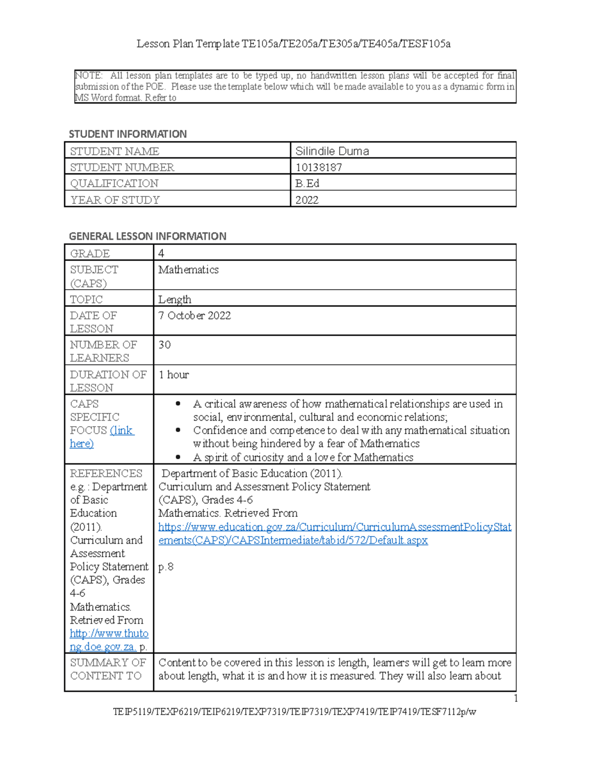 B.Ed Year 2022: Grade 4 Mathematics Lesson Plan Template on Length ...