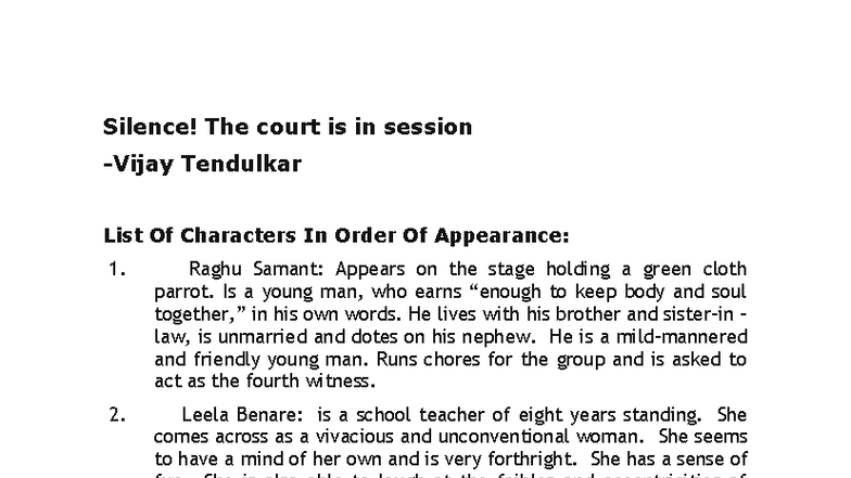 Silence! The Court is in Session (Vijay Tendulkar) - Character Analysis ...