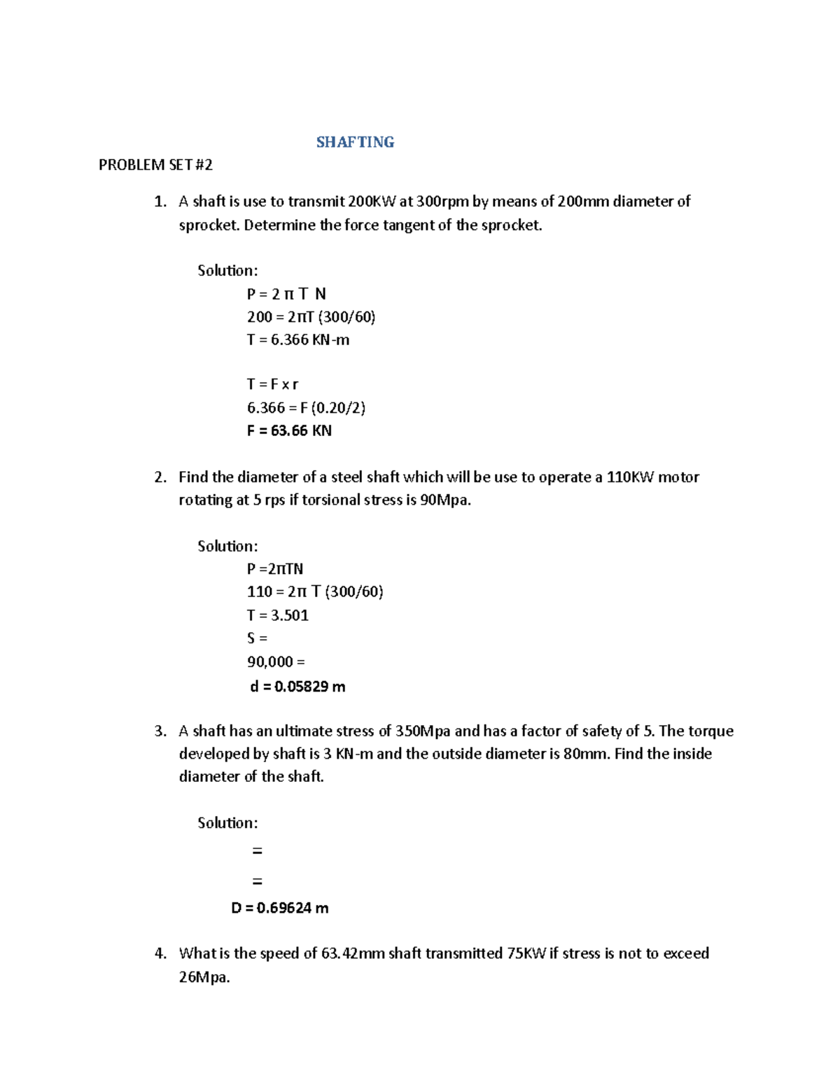 424100113 Machine Design Problem Set on Shafting Calculations - Studocu
