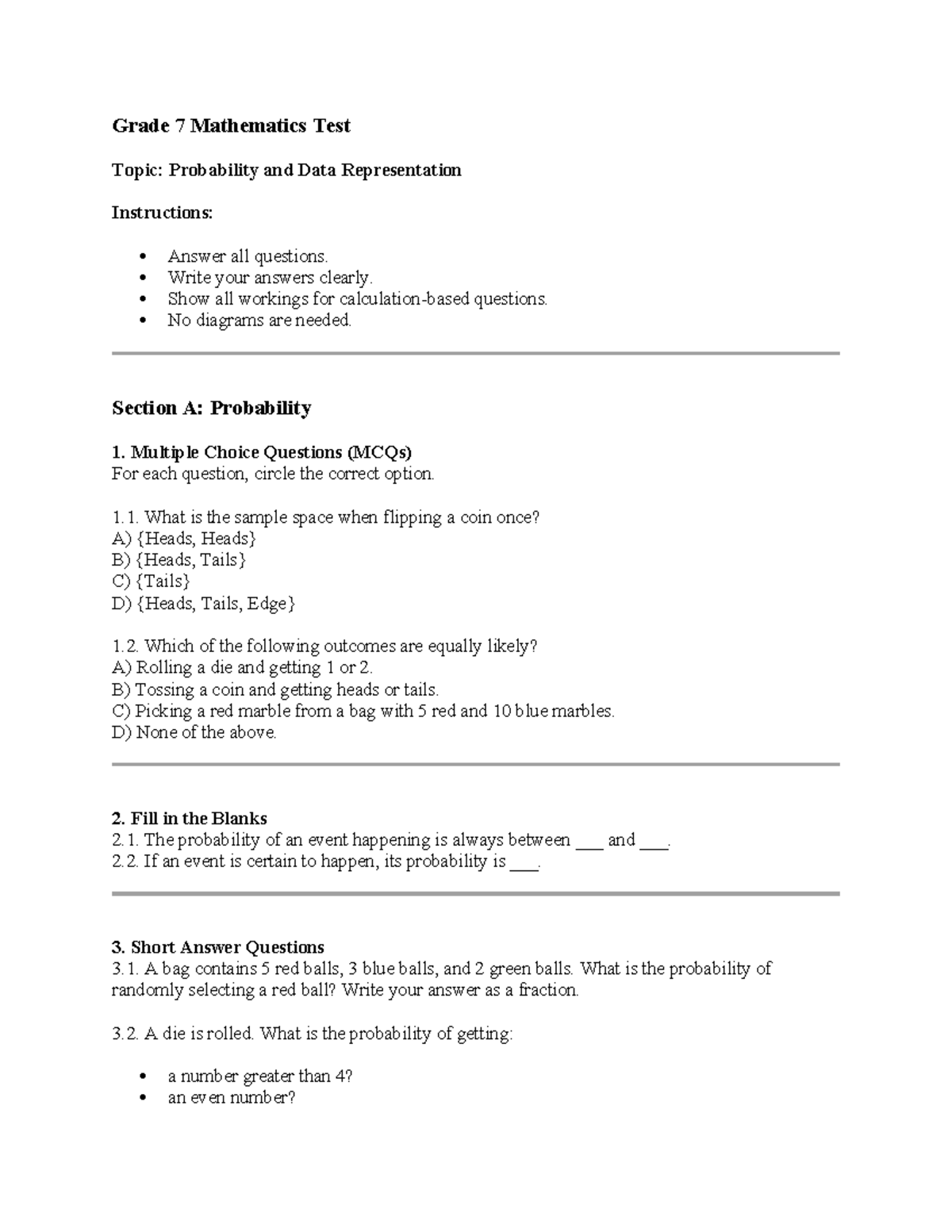 Maths - good - Grade 7 Mathematics Test Topic: Probability and Data ...