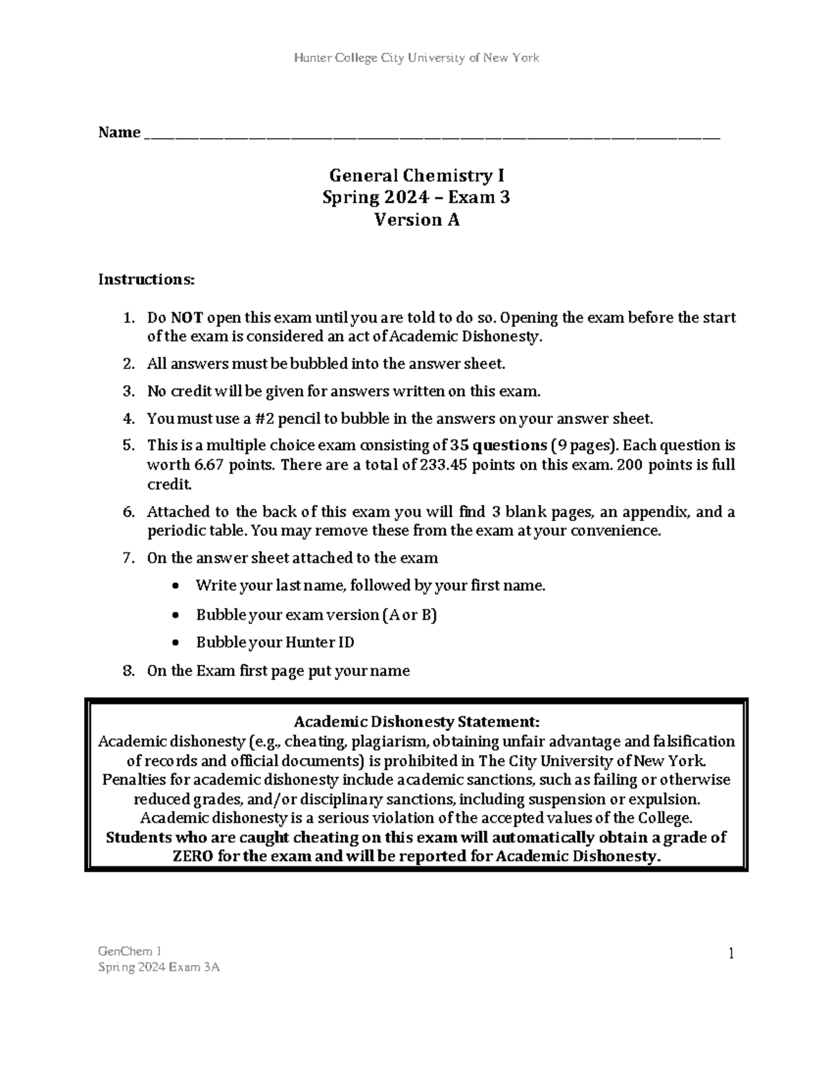GenChem I Spring 2024 Exam 3A Practice Questions and Instructions - Studocu