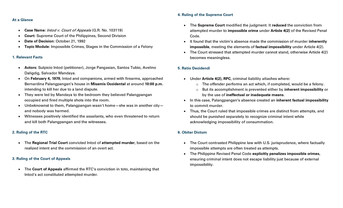 At-a-Glance: Supreme Court Rulings on Impossible Crimes and Stages (Law ...