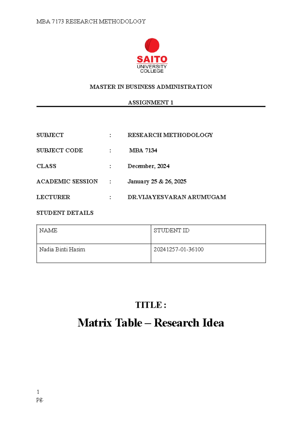 MATRIX TABLE - RESEARCH IDEA - MASTER IN BUSINESS ADMINISTRATION ...