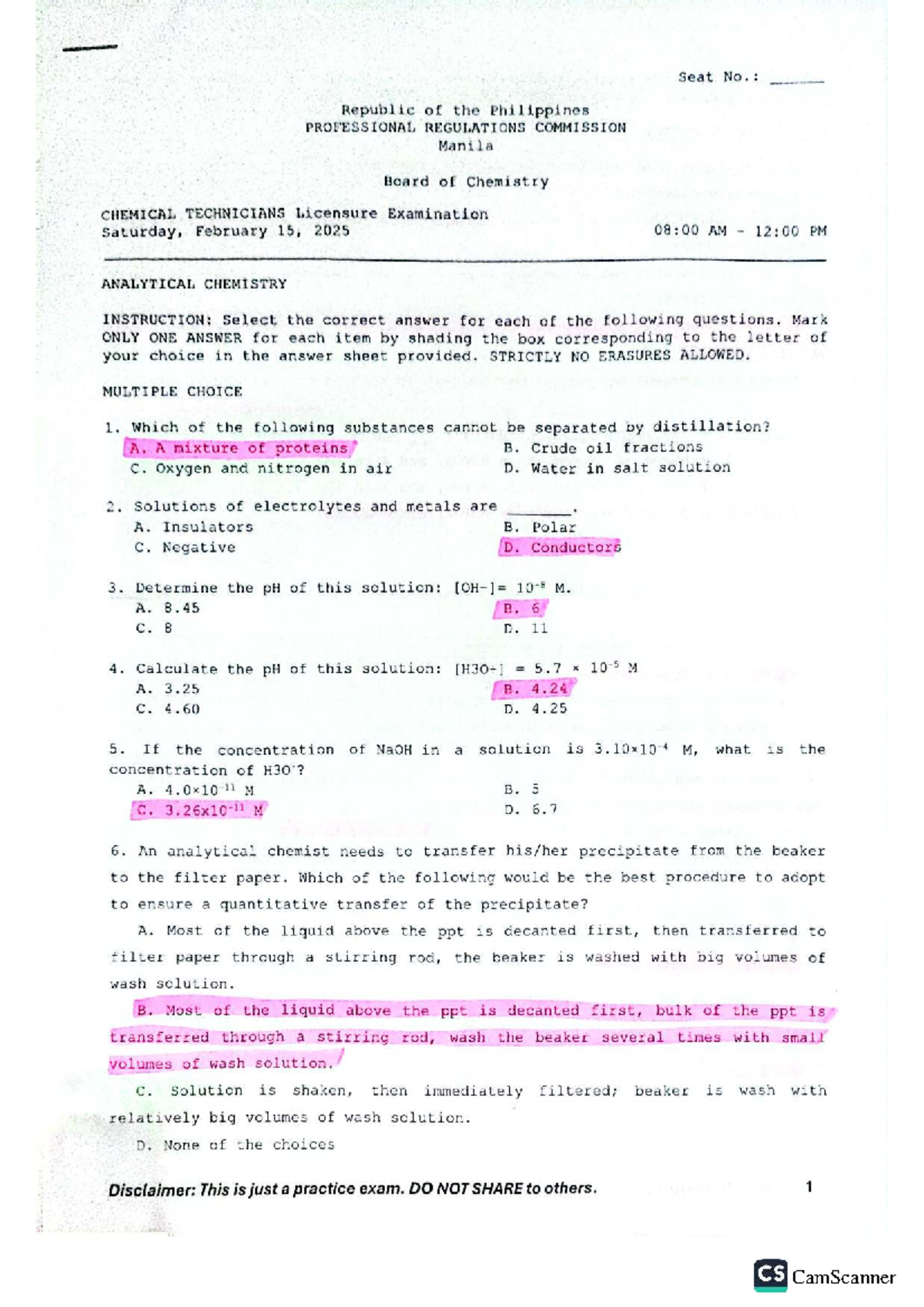 CS CHEMICAL TECHNICIANS Licensure Exam 2025: Analytical Chemistry Practice Exam - Document Preview