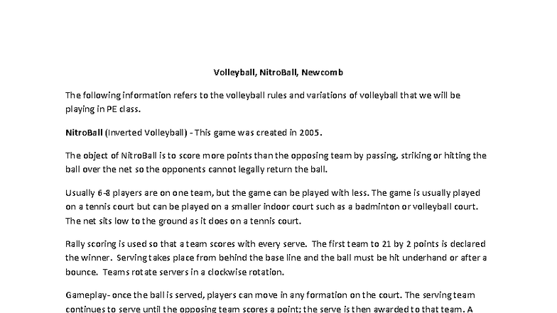 Volleyball & NitroBall Rules for PE Class Study Sheet - Studocu