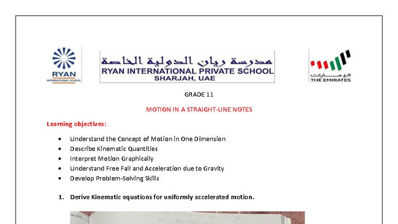 Grade 11 Motion in a Straight Line Notes: Kinematics & Graphs - Studocu