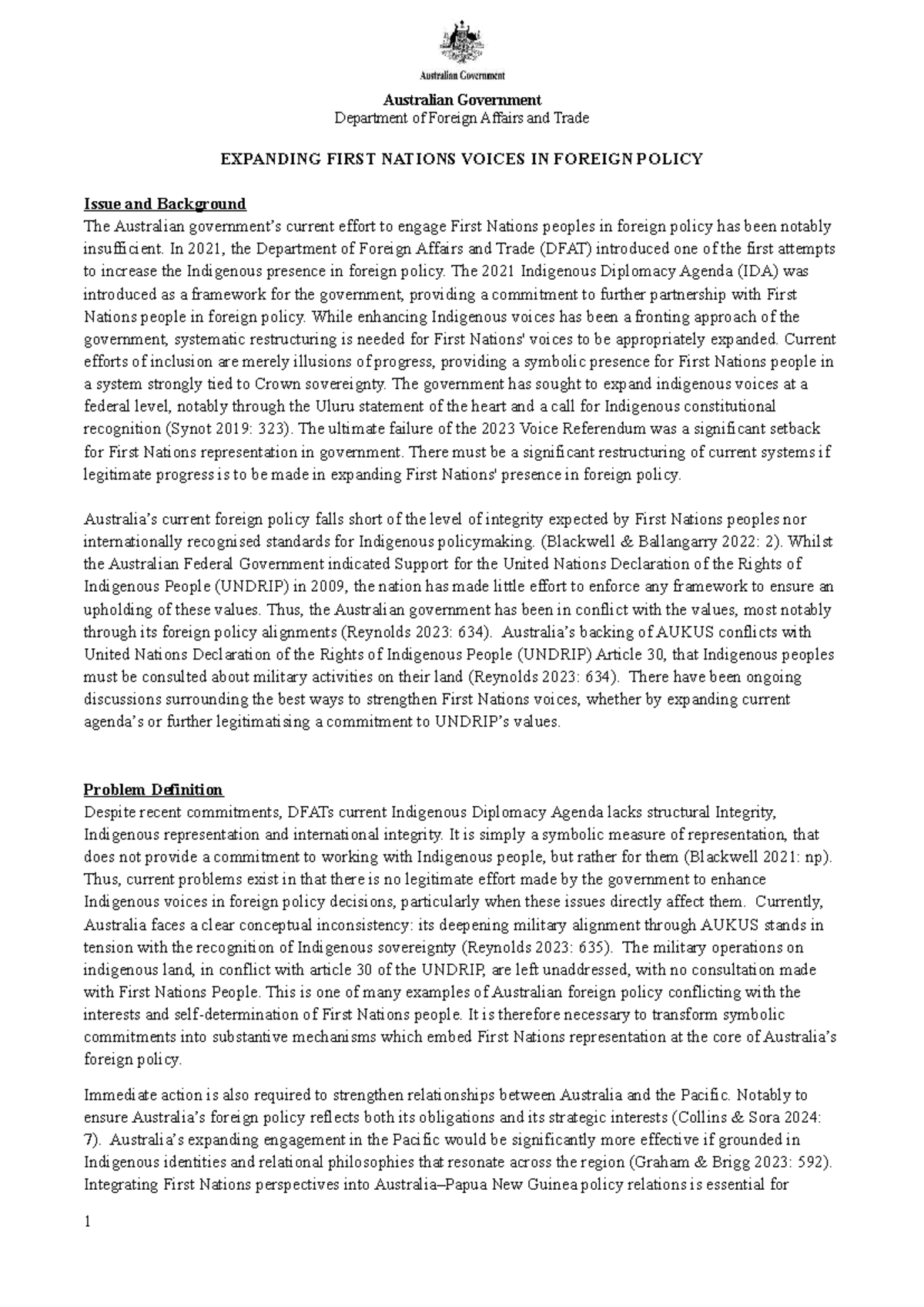 ARTS3814 Policy Brief: Expanding First Nations Voices in Foreign Policy ...
