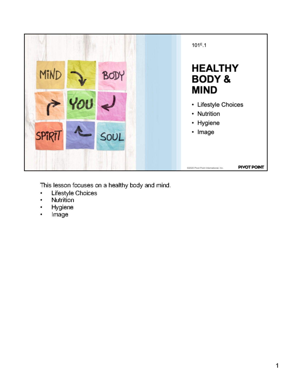 101E 01 Healthy Body and Mind Lesson Notes - Studocu