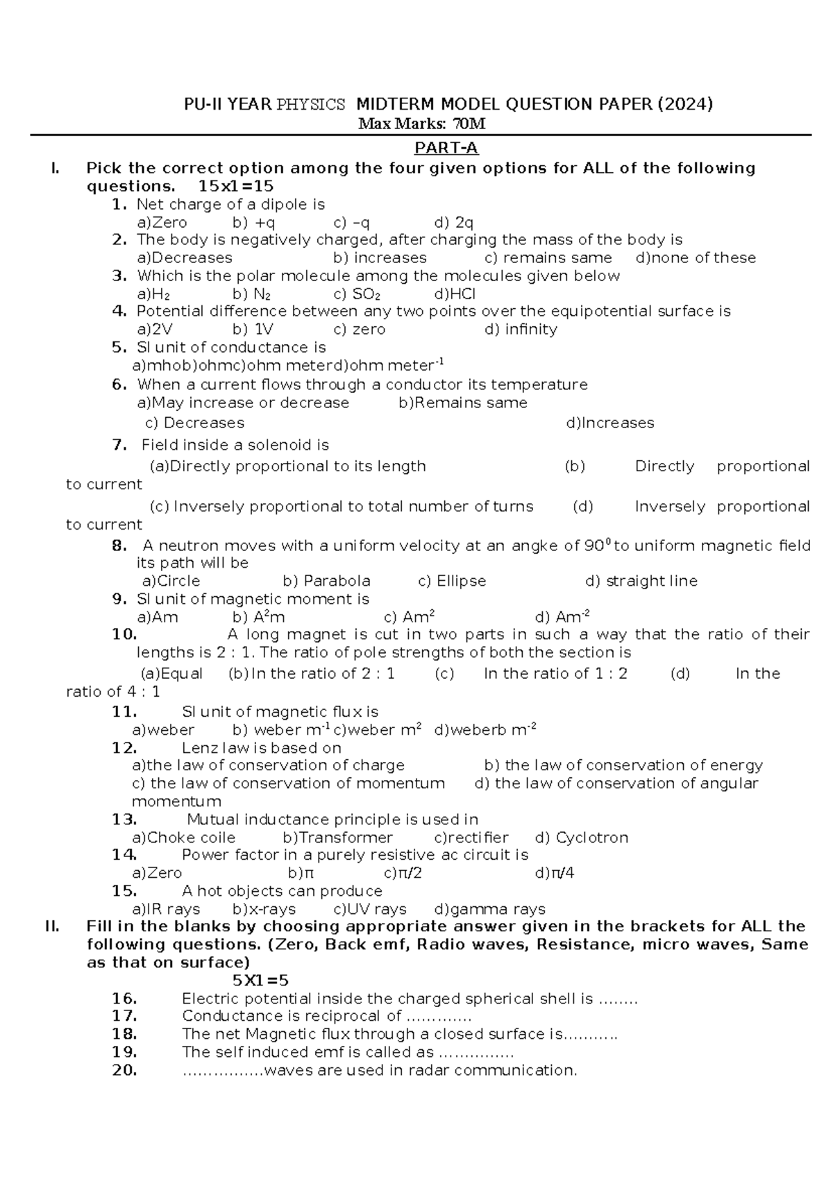 2 PU PHY Midterm Model Question Paper (2024) - Max Marks: 70M - Studocu