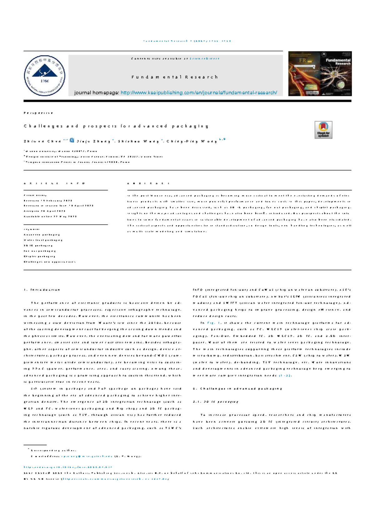 Challenges and Prospects in Advanced Packaging (Fundamental Research 4 ...