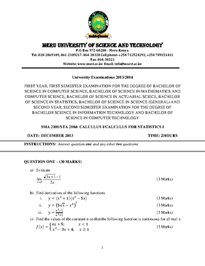 SMA 2101 Calculus I Cat 2 202425 - SMA 2101: CALCULUS: CAT 2 TIME:1 ...