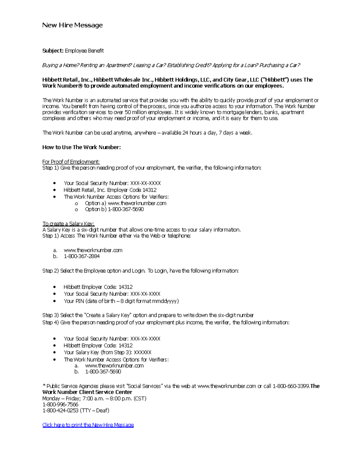 New Hire Message: Using The Work Number for Employment Verification ...