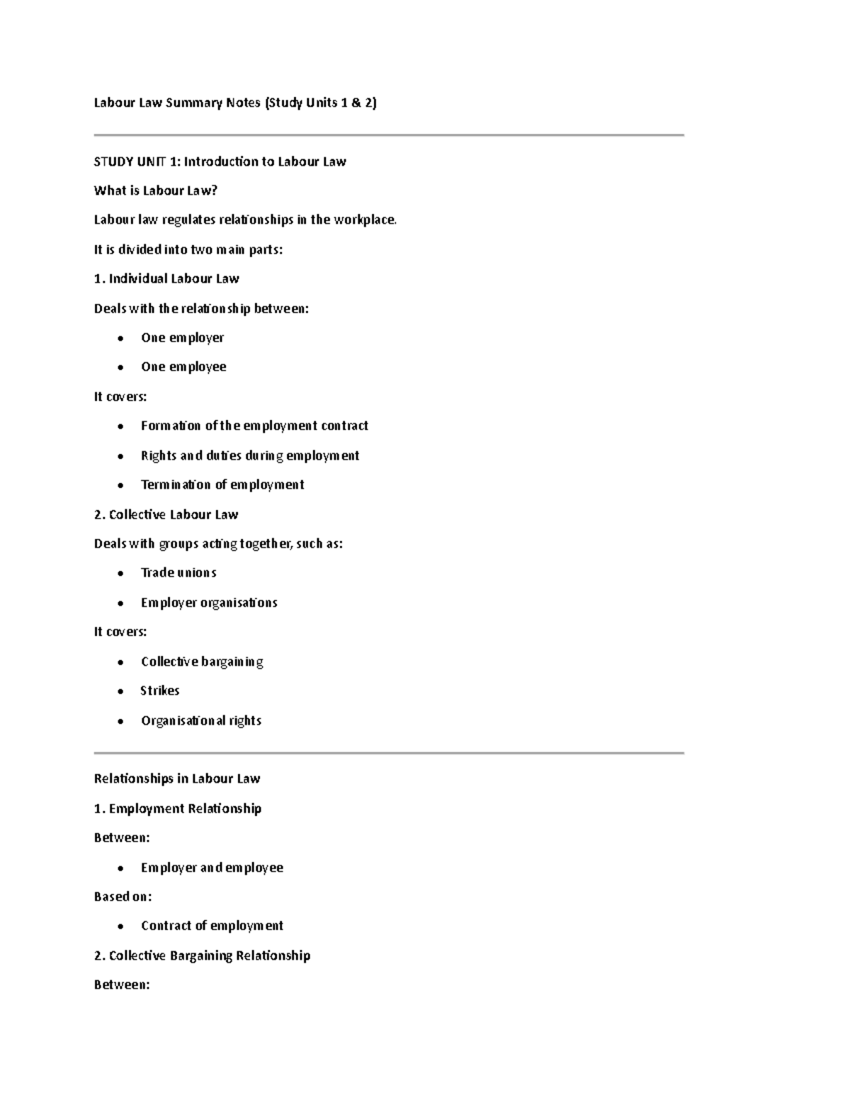 Labour Law Summary Notes (Study Units 1 & 2) - Studocu