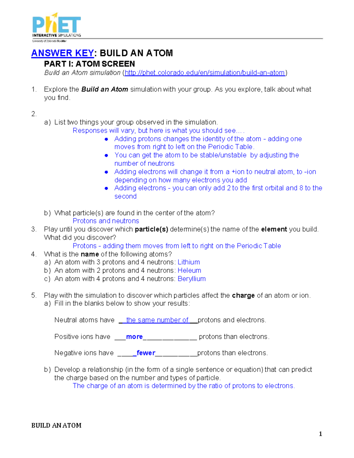 Answer KEY Build AN ATOM ANSWER KEY BUILD AN ATOM PART I ATOM