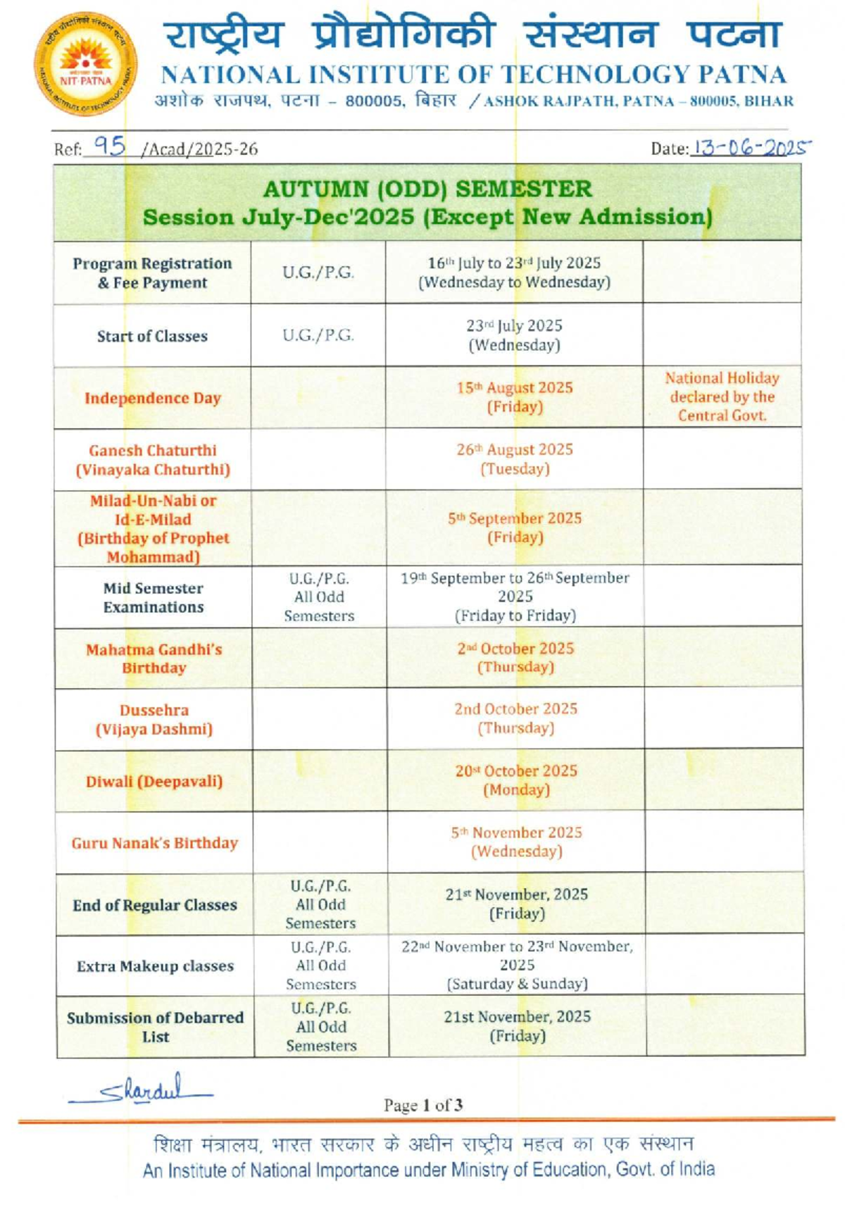 NIT Patna Academic Calendar (Odd Sem ) July-Dec 2025 - Studocu