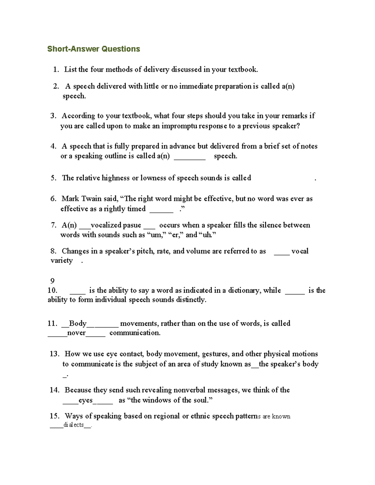 Chapter 13 Short Answer: Key Concepts in Speech Delivery - Studocu