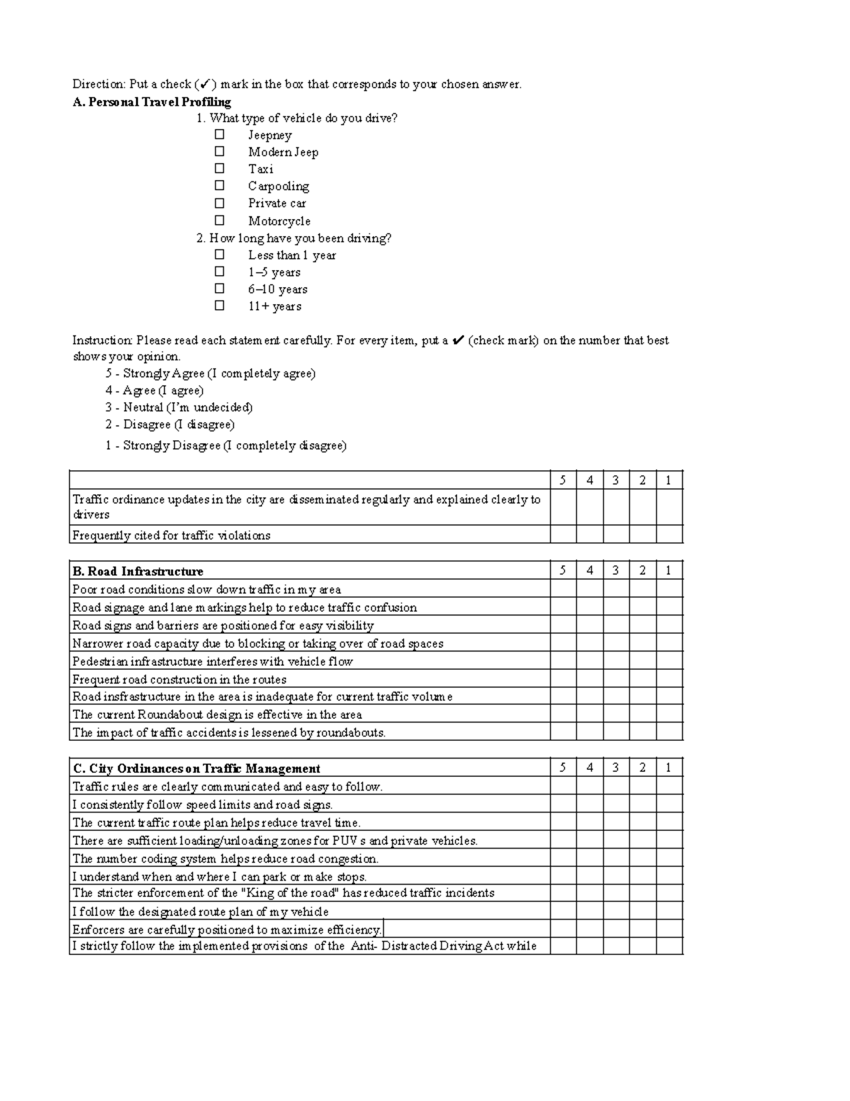 Driver Survey Questionnaire: Personal Travel & Traffic Management - Studocu