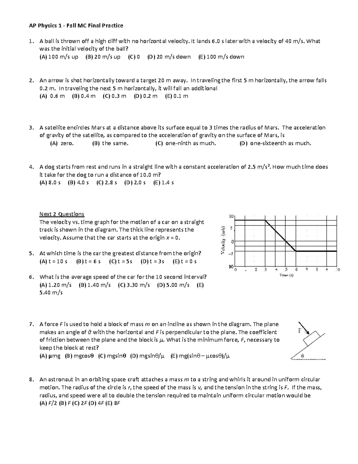 AP Physics 1 Fall MC Final Exam Practice Questions - Studocu