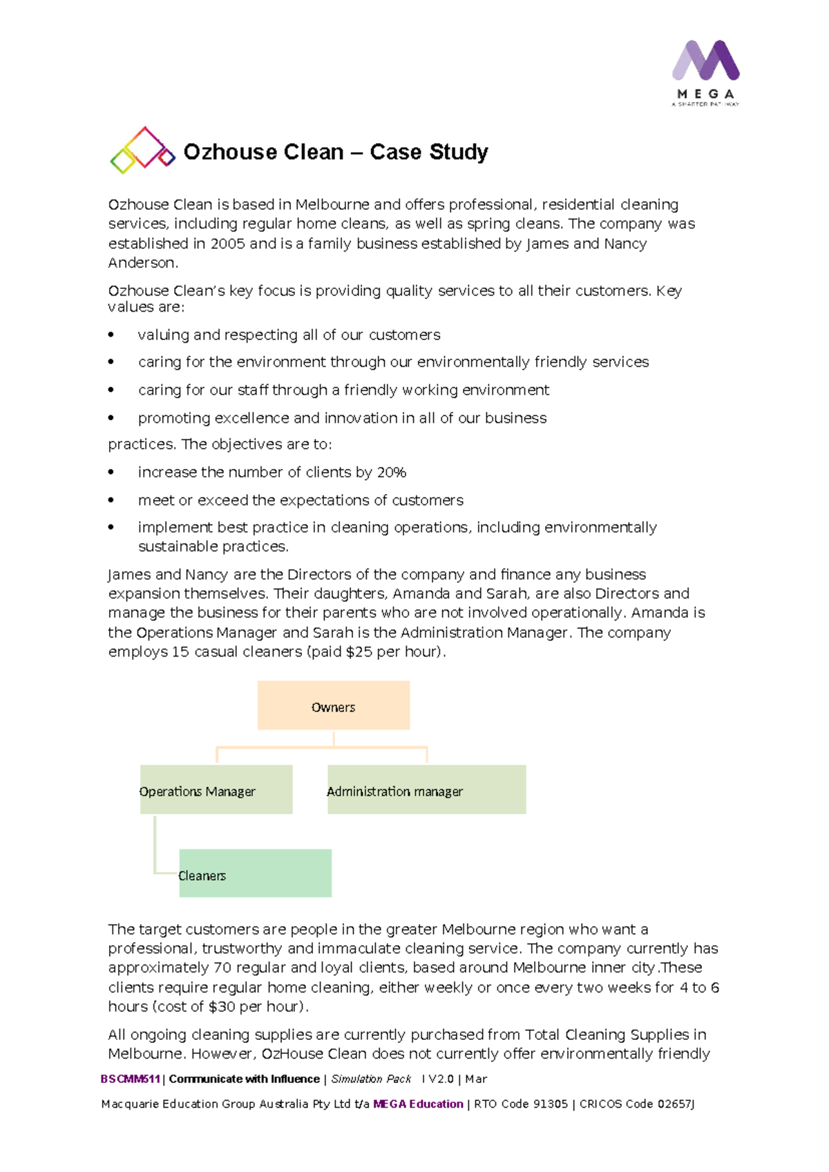 Ozhouse Clean Case Study: Insights & Meeting Policies (BSBCMM 511 ...