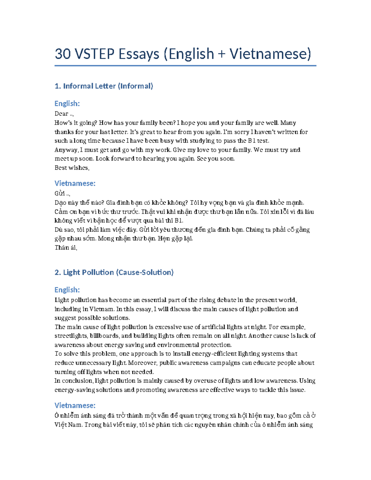 30 VSTEP Essays: Informal Letters & Light Pollution Analysis - Studocu